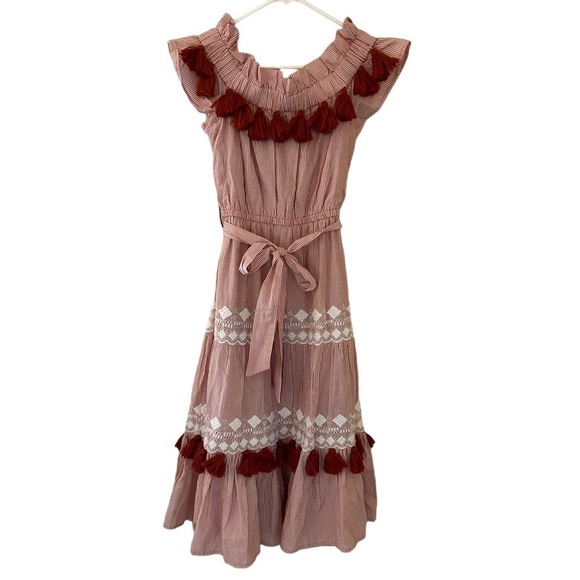 TULAROSA Dress Womens Small Revolve Lana Getty Stripe Tassel Boho Midi Flirty - Picture 2 of 13